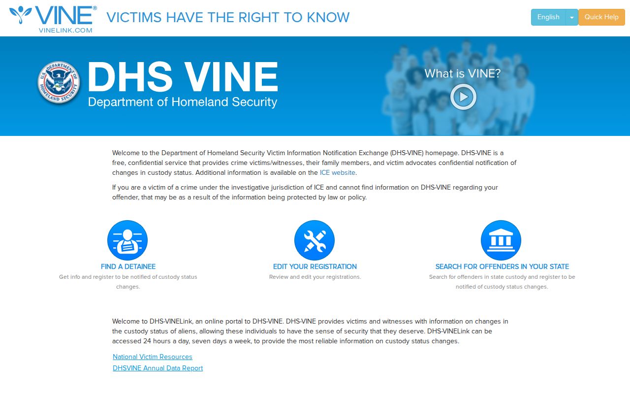 DHS VINE notification service page