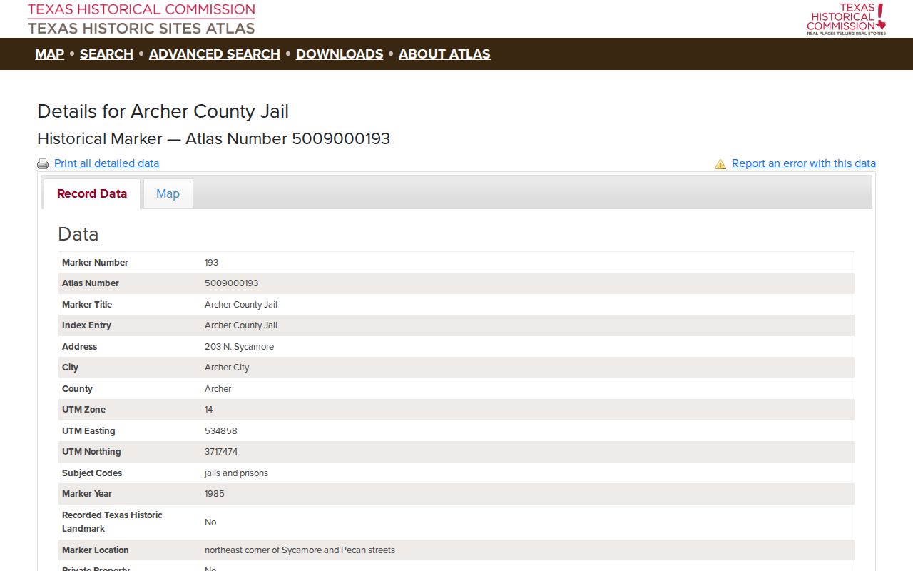 Texas Historical Commission history of the Archer County jail