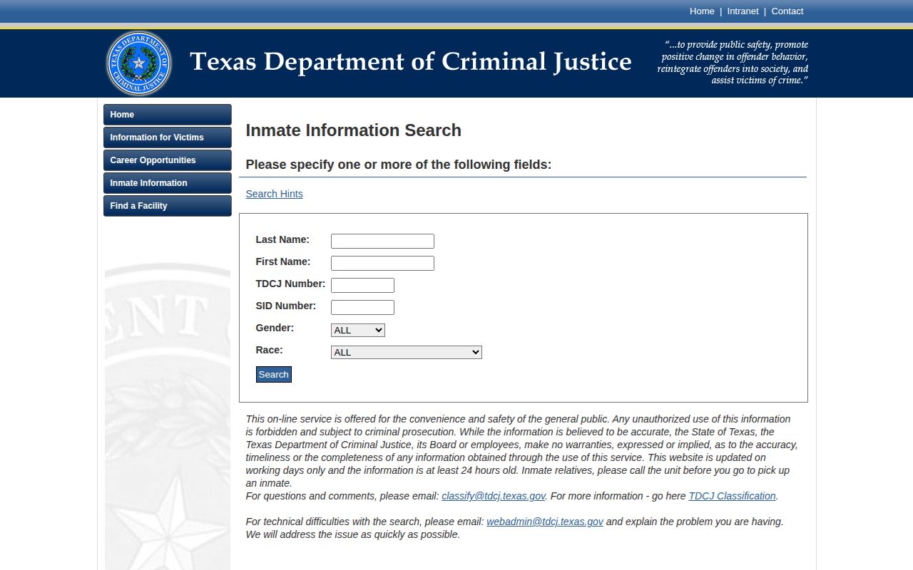 TDCJ search fields for an Archer County release record