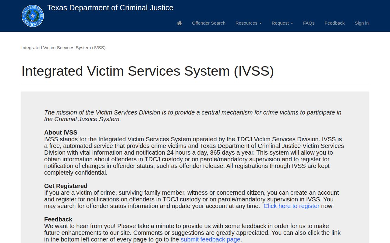 Archer County inmate state prison notification registration through TDCJ IVSS