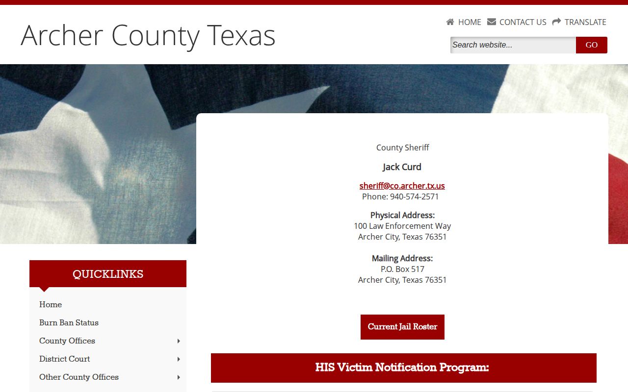 Archer County Sheriff page with current jail roster link
